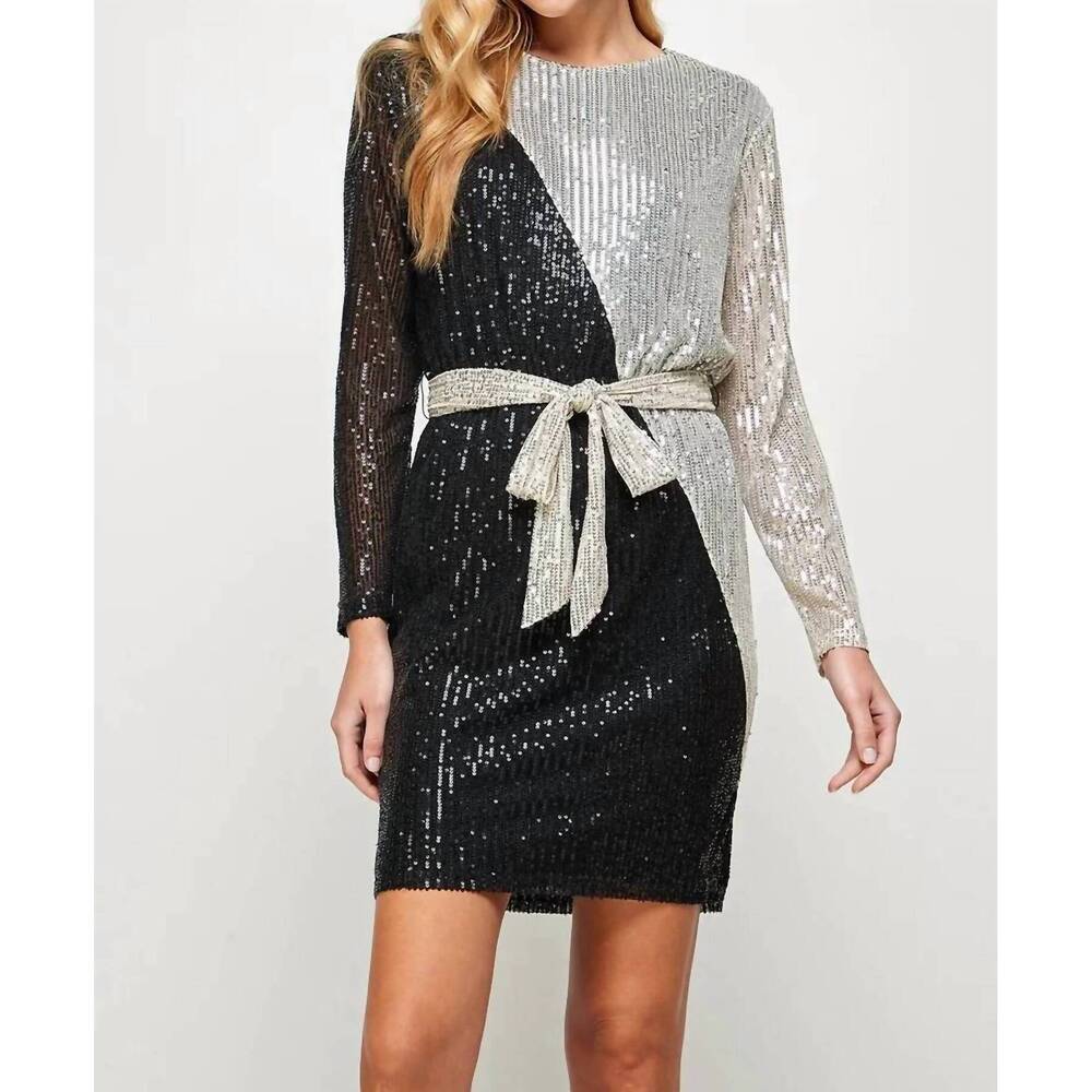NEW SEE AND BE SEEN sequins color blocked long sleeve dress in multi